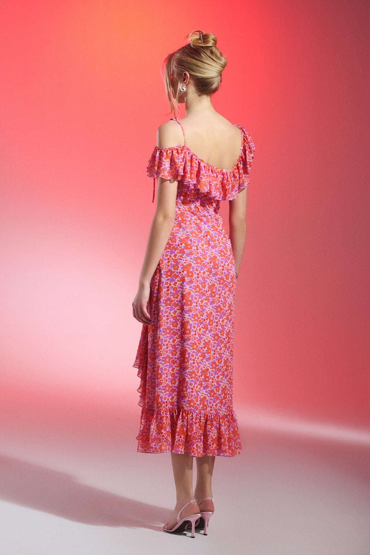 CARMINE Çiçek Desenli Volanlı Şifon Midi Elbise