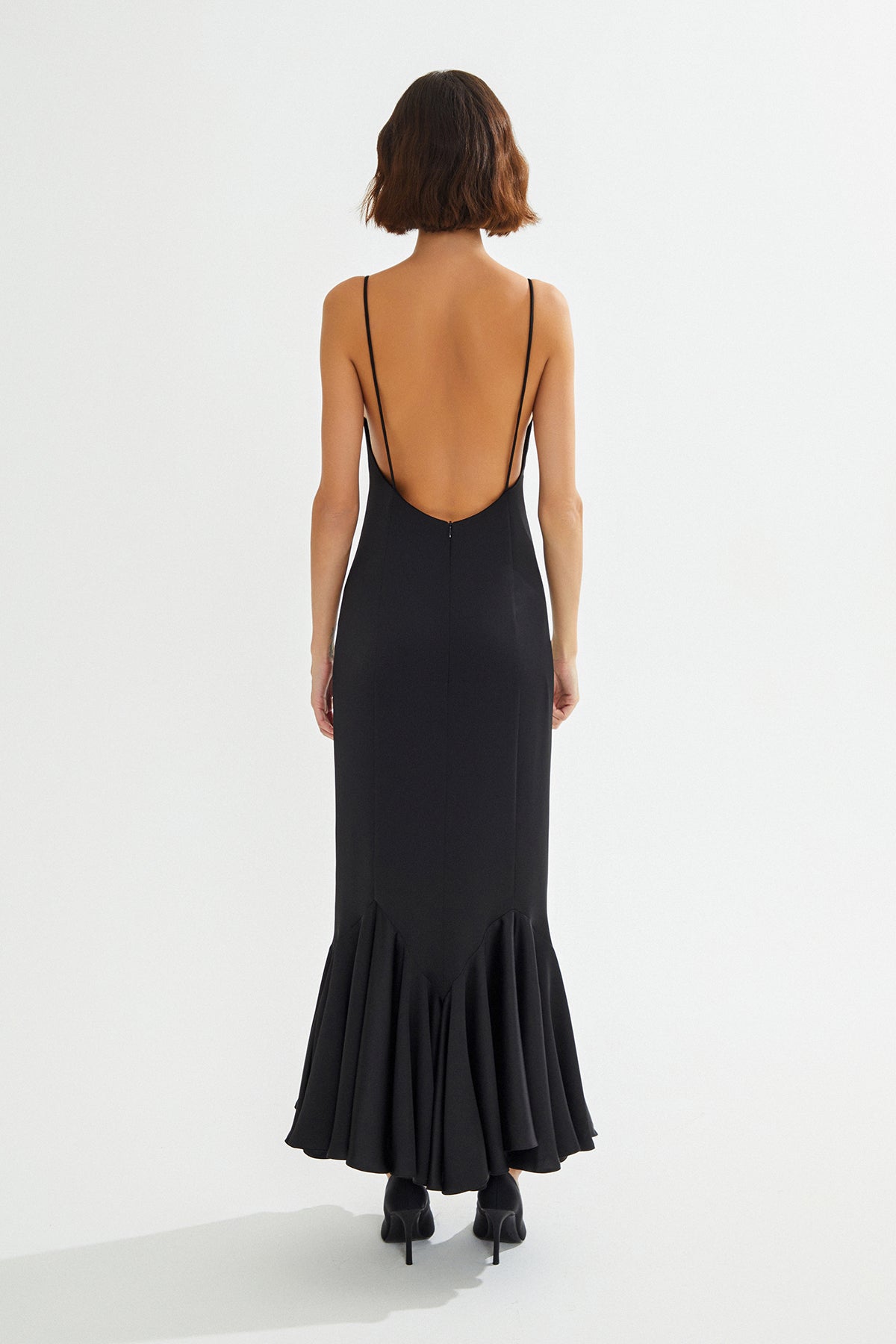 GIORGIA Gül Detaylı Midi Siyah Elbise