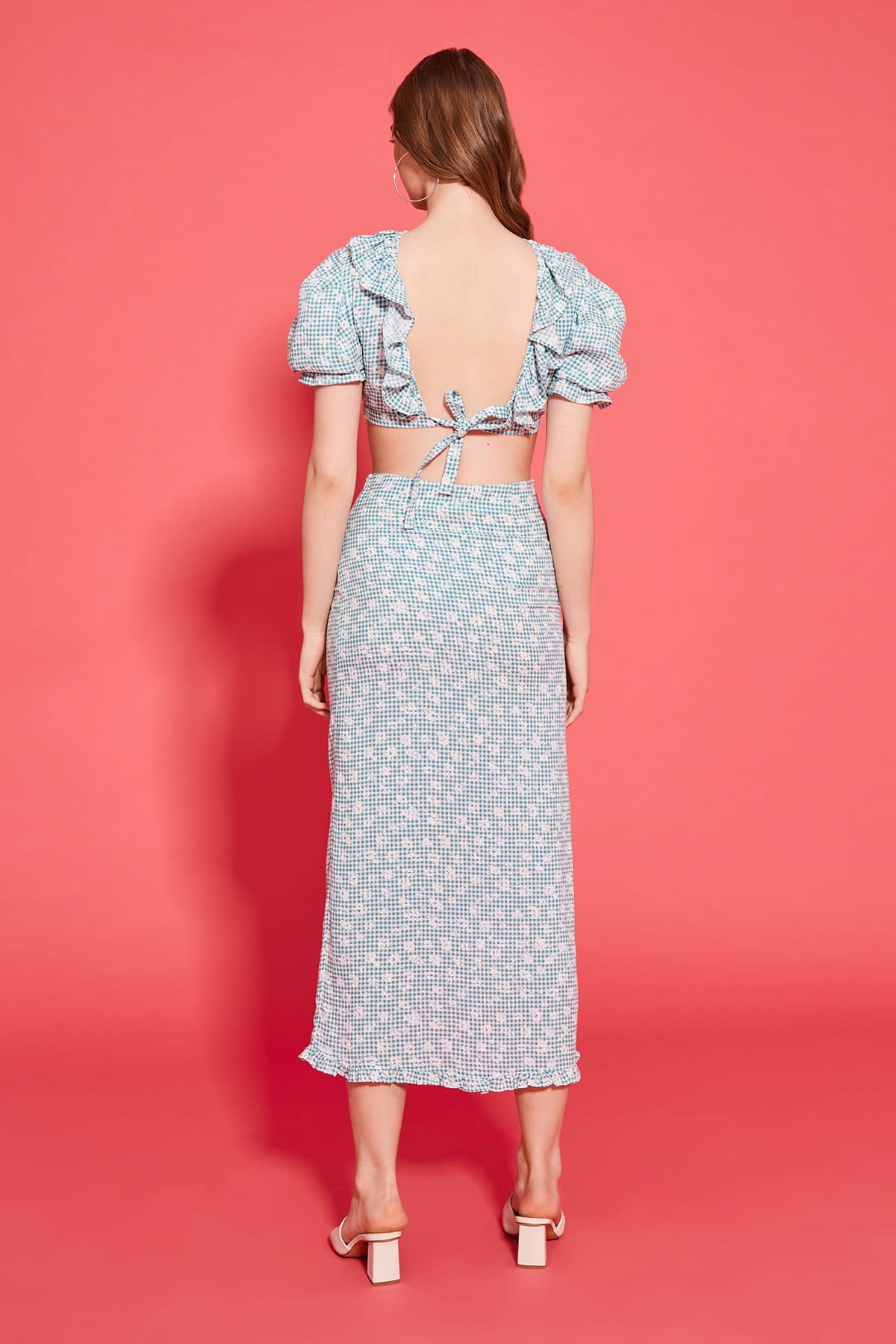 RONI Kare Desenli Balon Kollu Crop Top