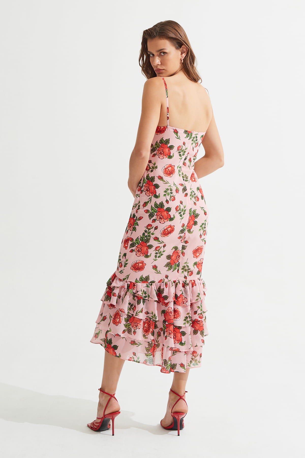 LOVELLA Çiçek Desenli Midi Pembe Elbise