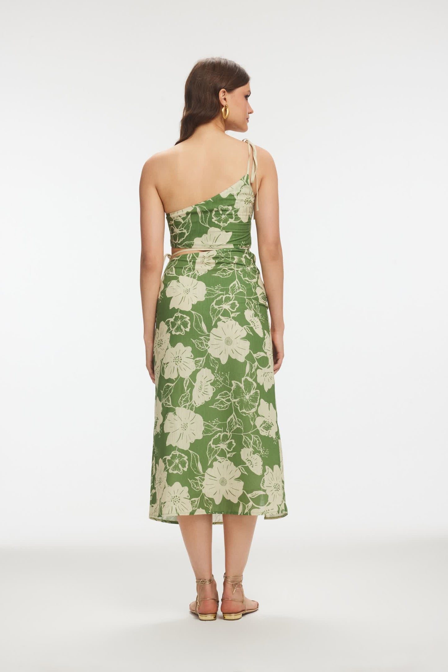 OSSEI Çiçek Desenli Keten Haki Midi Elbise