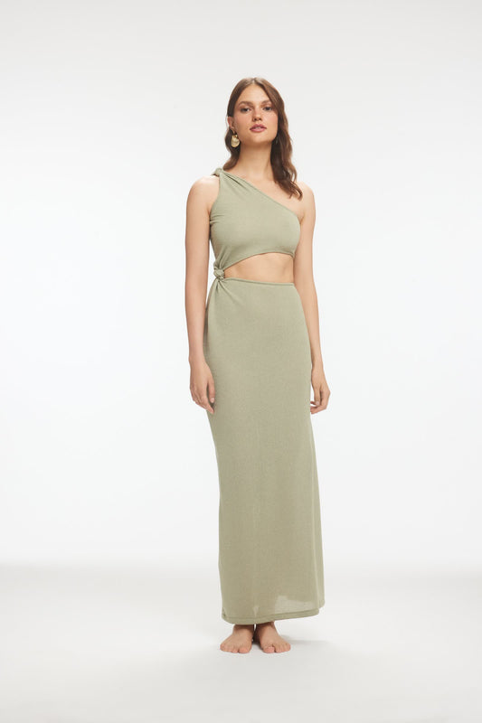 LEWA Düğüm Detaylı Örme Midi Yeşil Elbise