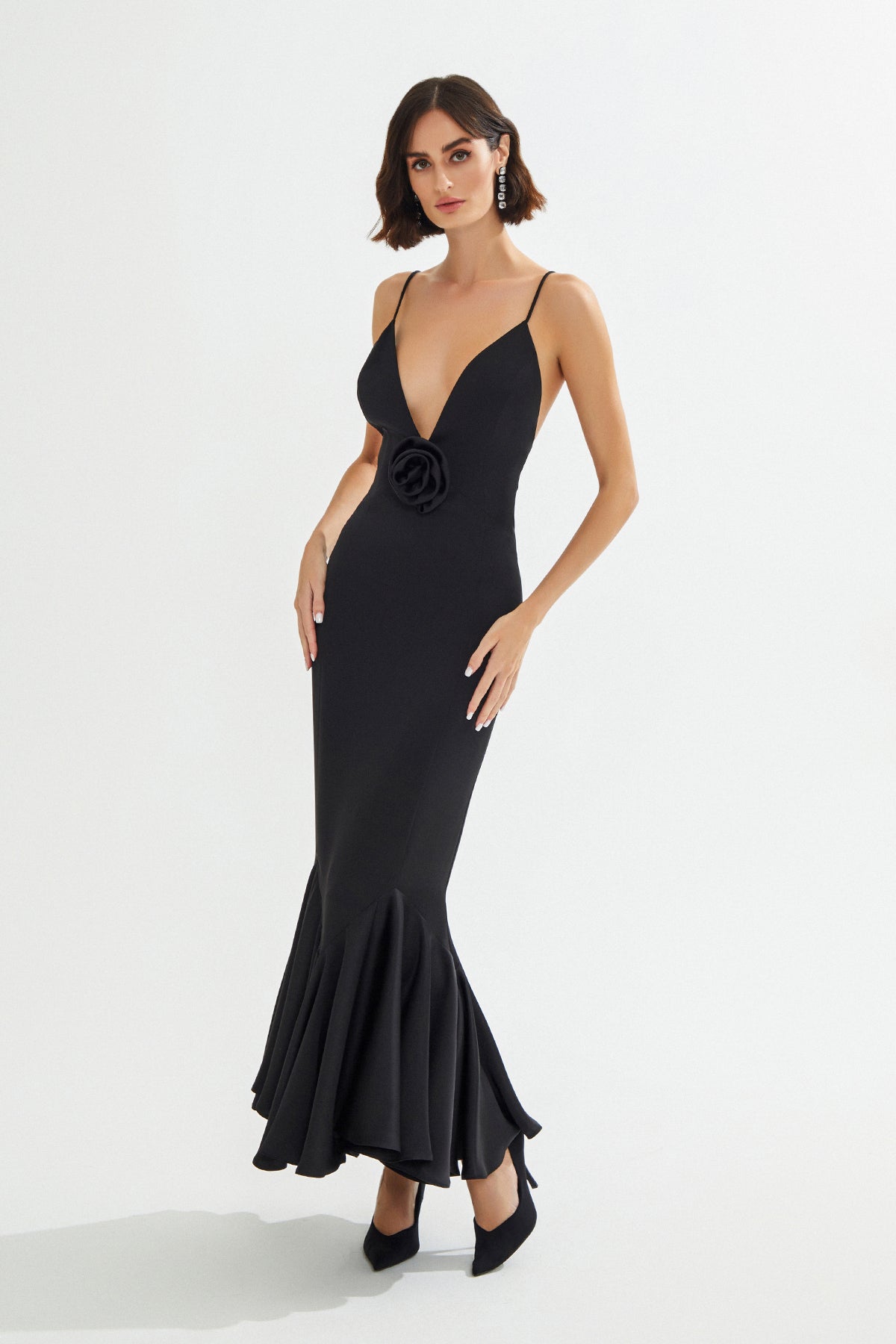 GIORGIA Gül Detaylı Midi Siyah Elbise