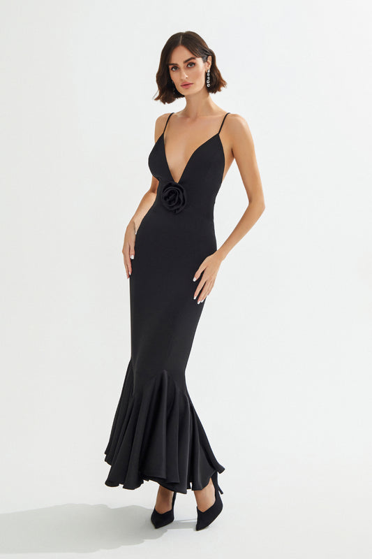 GIORGIA Gül Detaylı Midi Siyah Elbise