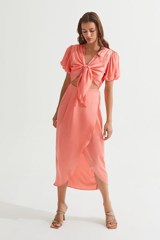 CAMERON Bağlama Detaylı Somon Saten Elbise