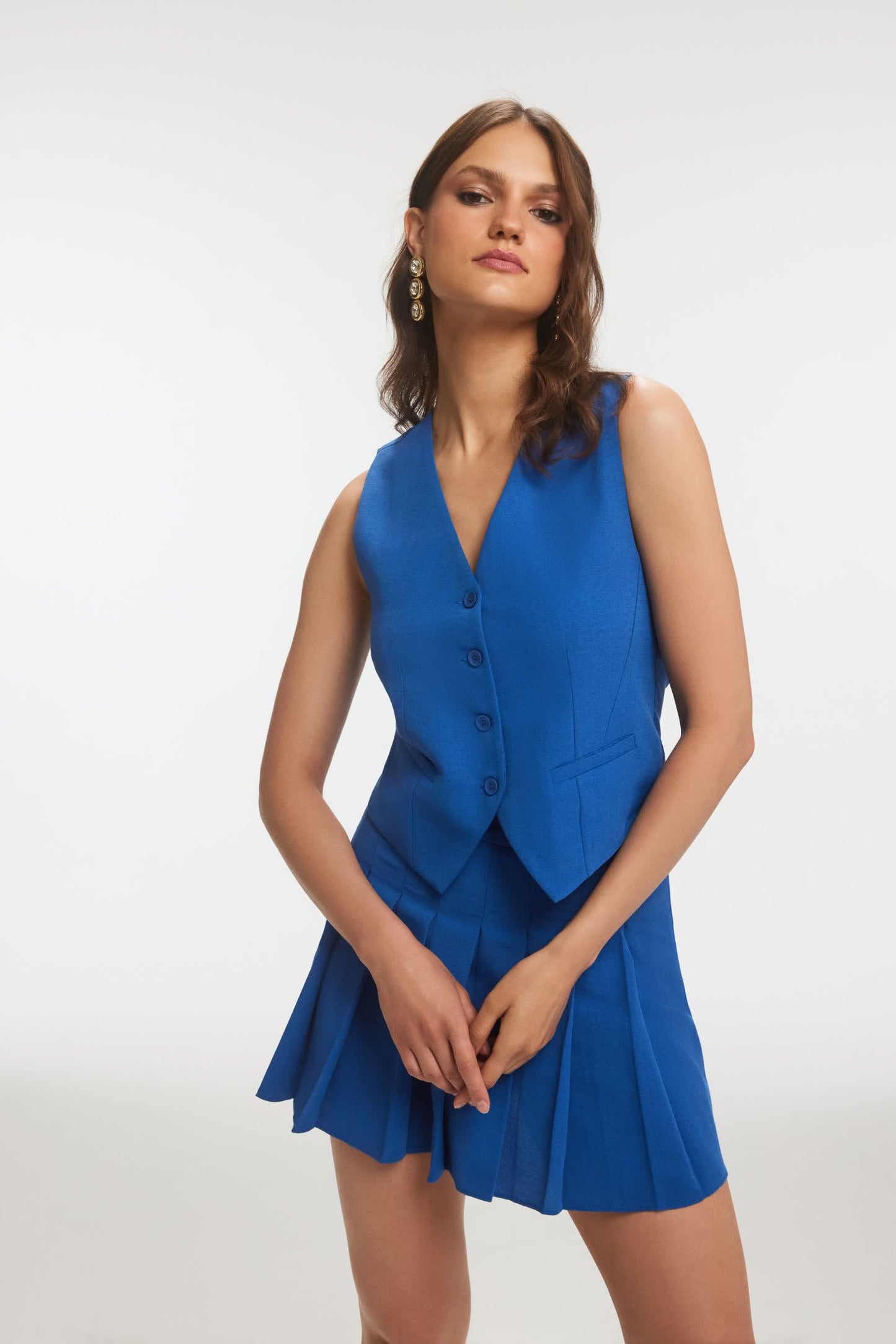 AMORY Keten Yelek ve Pilili Lacivert Etek Takım