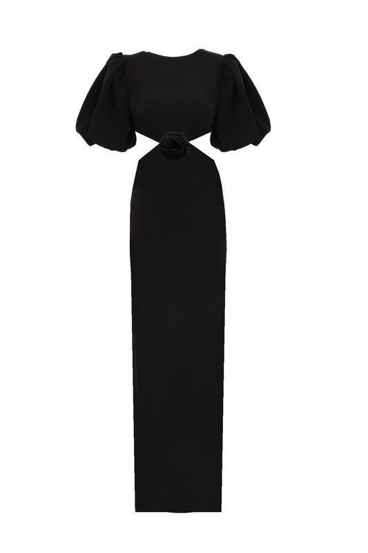 ROSETTA Taş Baskılı Gül Detaylı Maxi Siyah Elbise