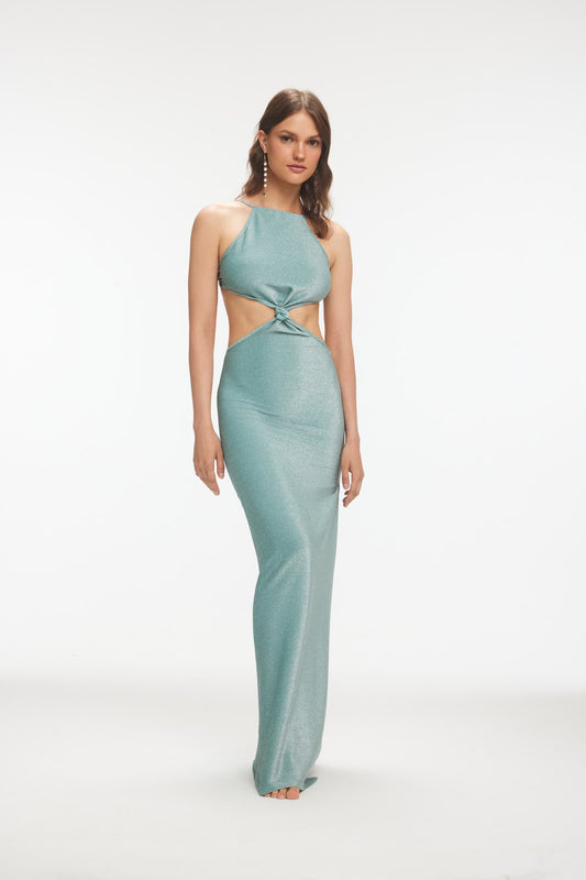 PETRA Simli Halter Yaka Maxi Su Yeşili Elbise