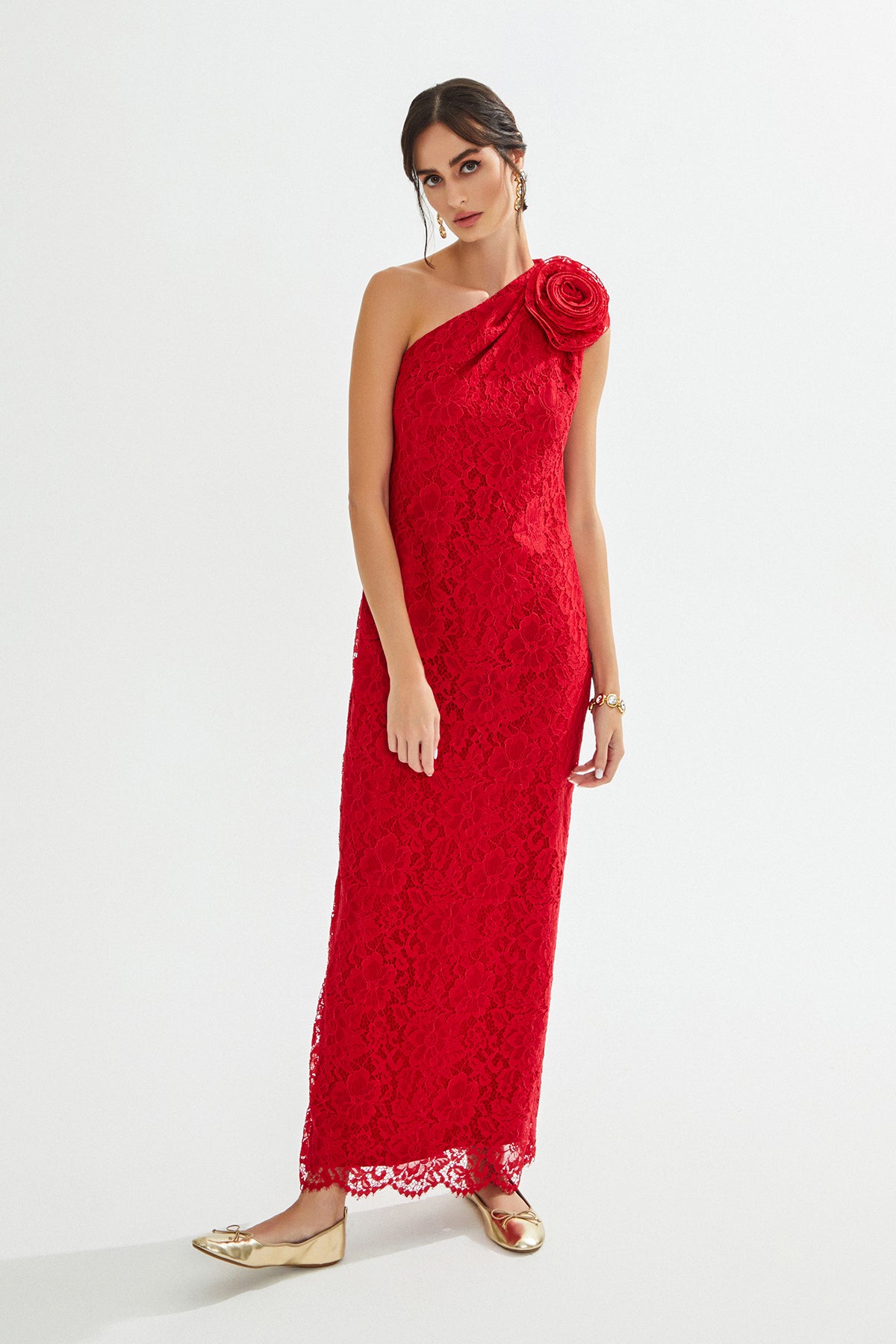 GENNIE Tek Omuz Kırmızı Dantel Maxi Elbise
