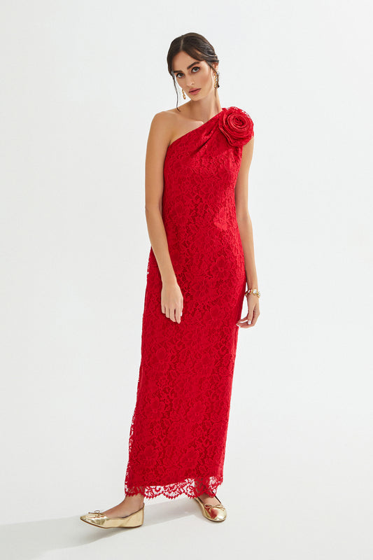 GENNIE Tek Omuz Kırmızı Dantel Maxi Elbise