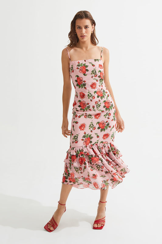 LOVELLA Çiçek Desenli Midi Pembe Elbise