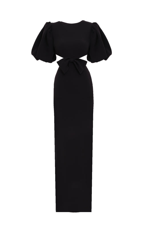 ROSETTA Kesik Detaylı Fiyonklu Maxi Siyah Elbise