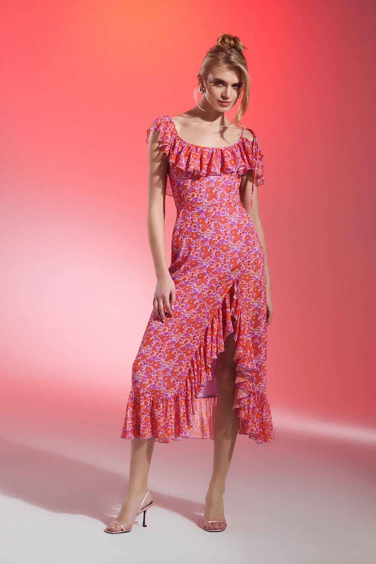 CARMINE Çiçek Desenli Volanlı Şifon Midi Elbise