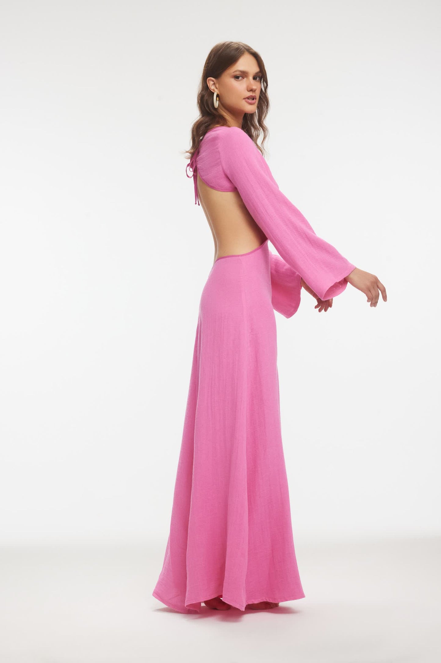 KAYE Sırt Dekolteli Pembe Müslin Maxi Elbise