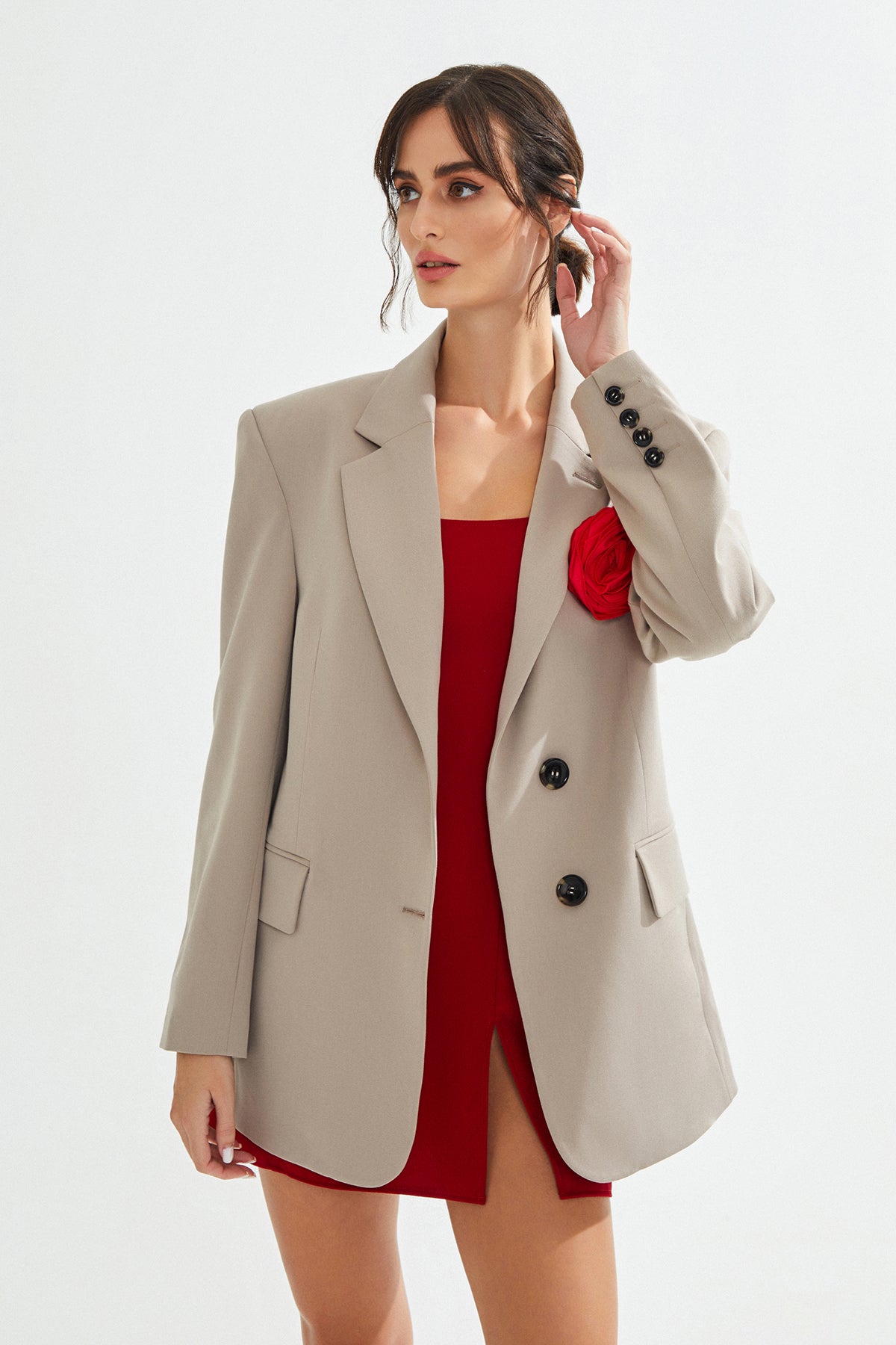 VIAN Gül Detaylı Bej Blazer Ceket