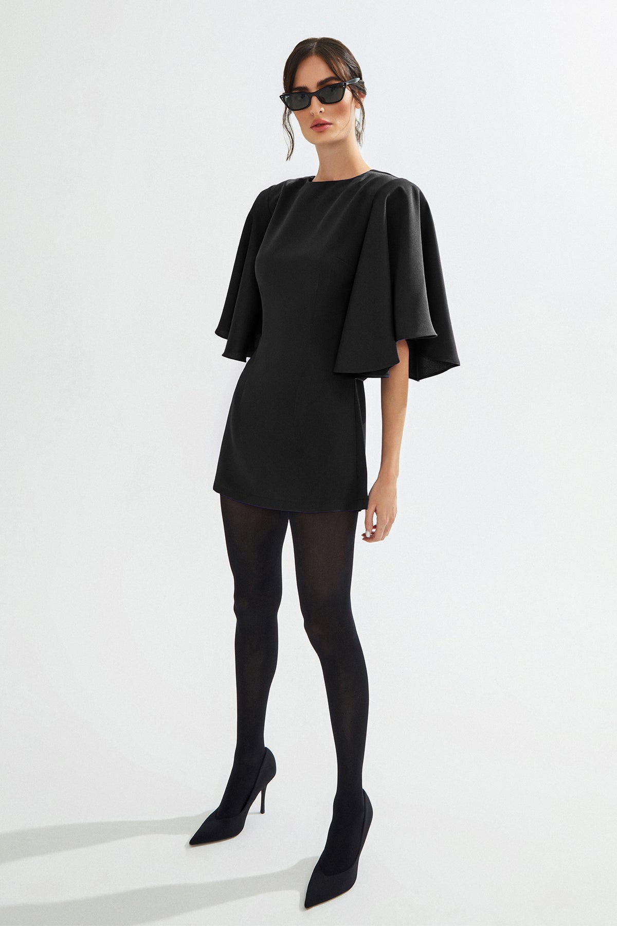 MARIAN Pelerin Detaylı Mini Saten Siyah Elbise