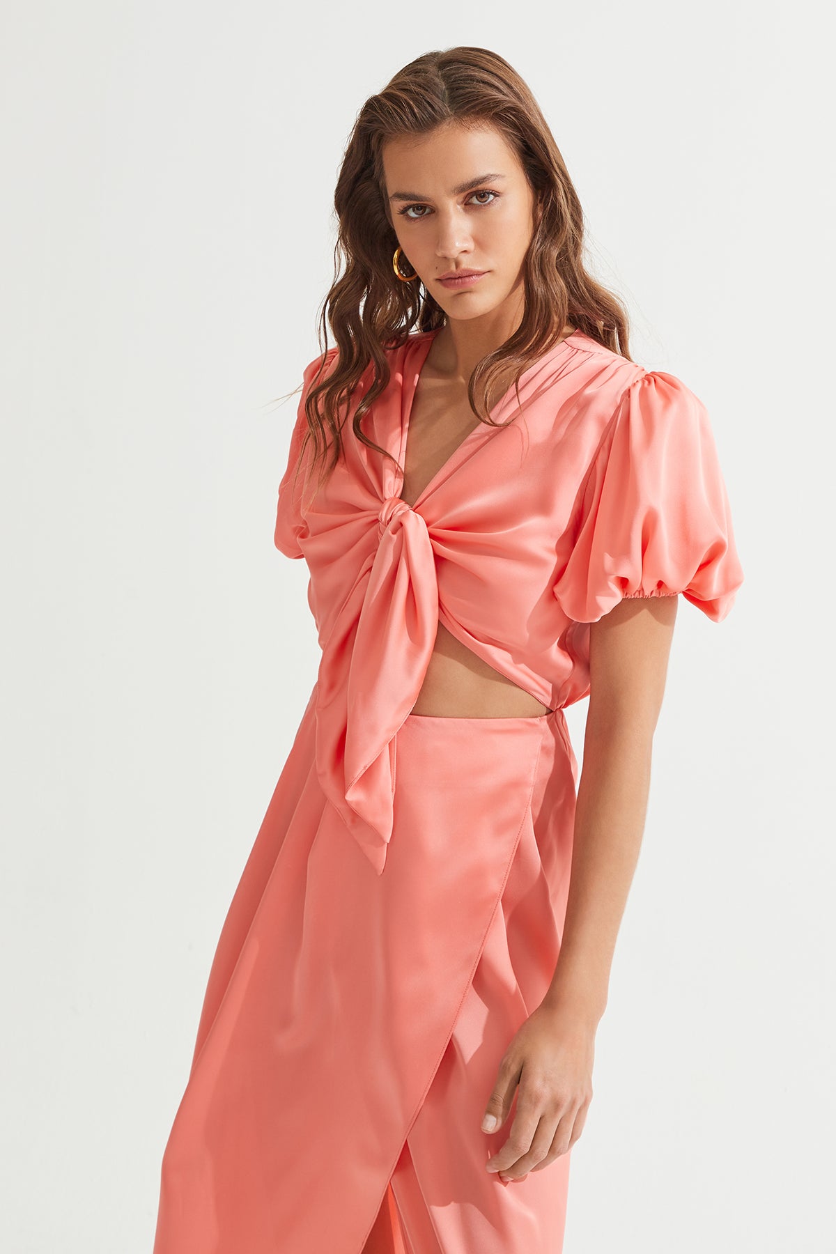 CAMERON Bağlama Detaylı Somon Saten Elbise