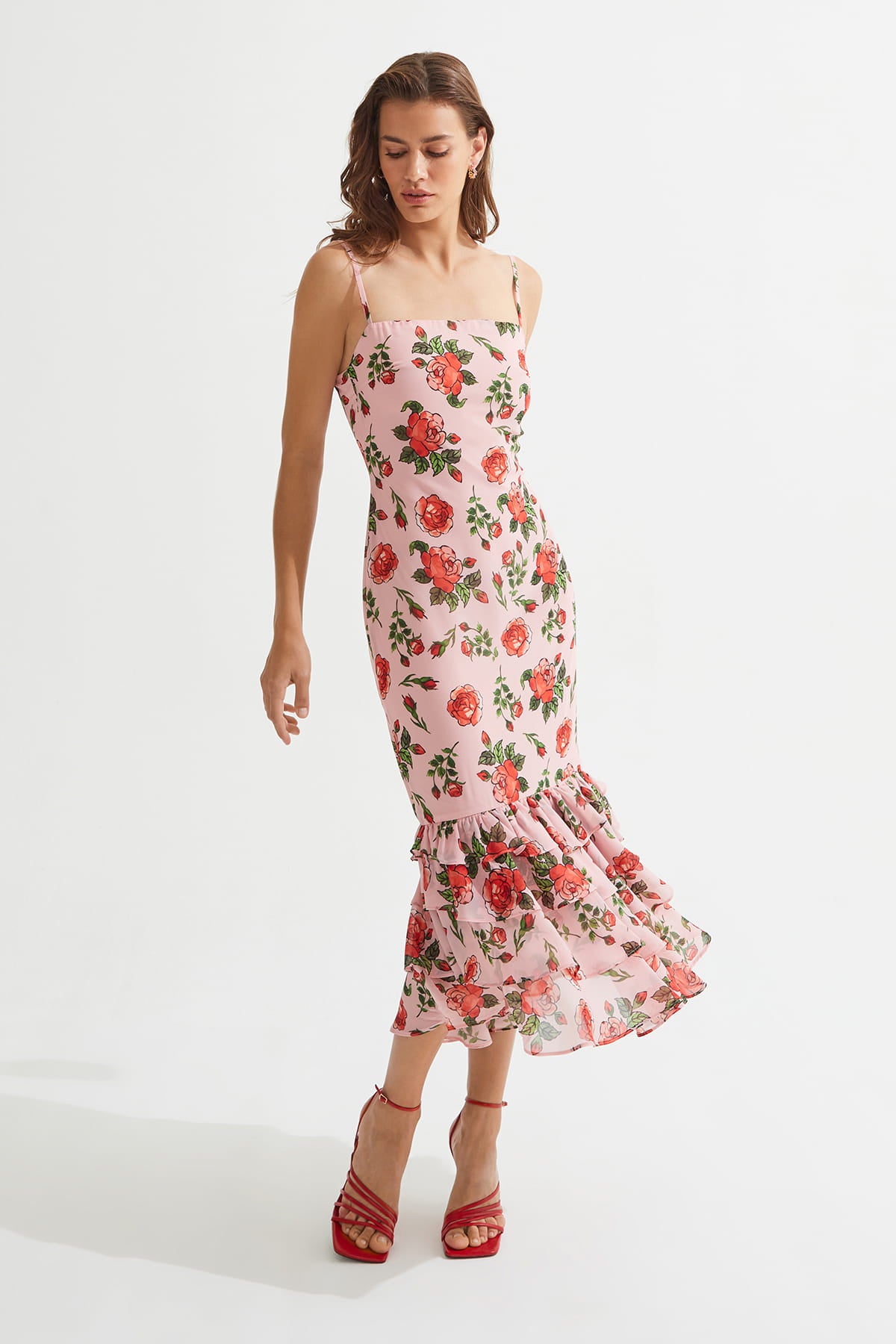 LOVELLA Çiçek Desenli Midi Pembe Elbise