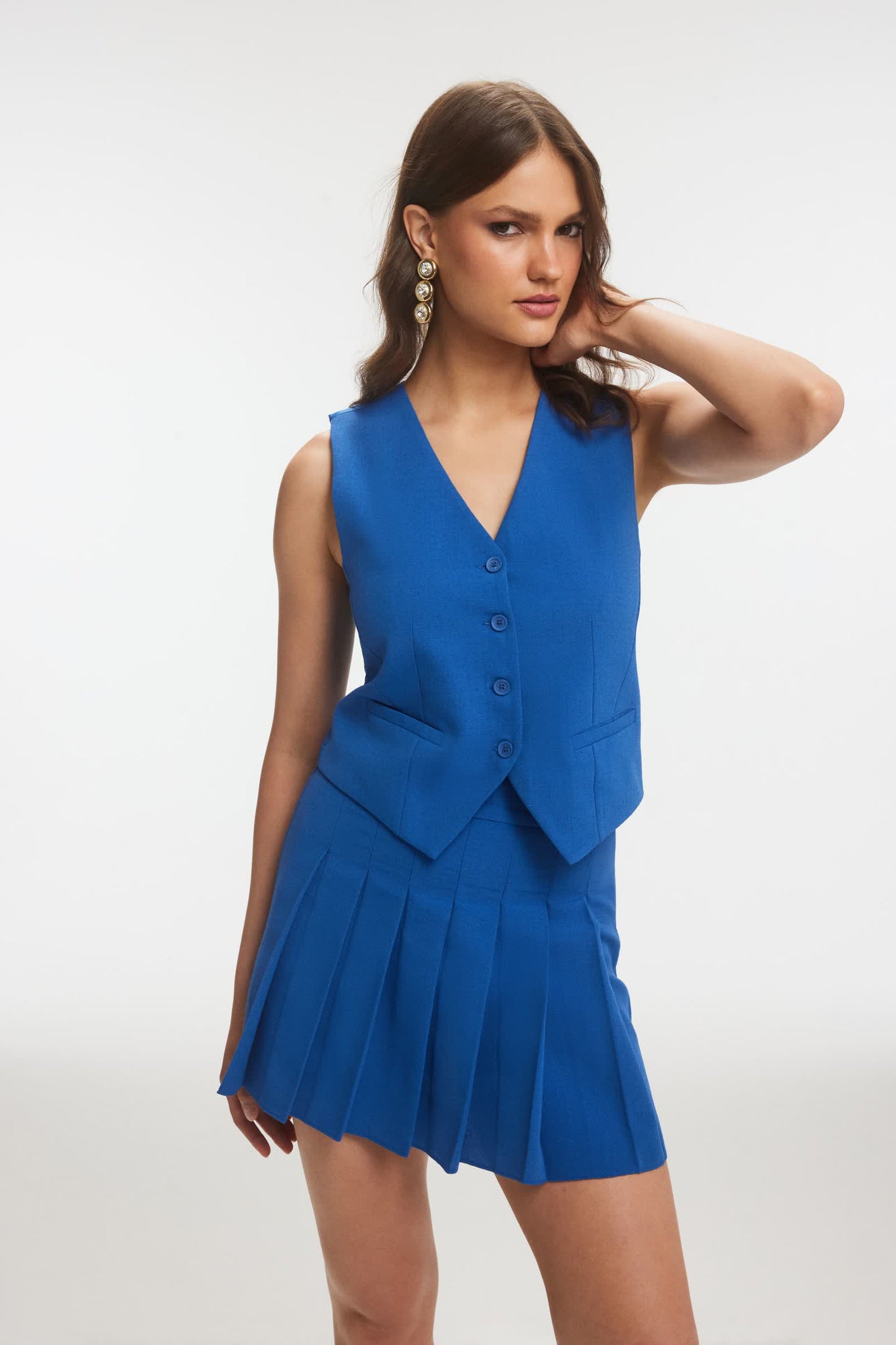 AMORY Keten Yelek ve Pilili Lacivert Etek Takım