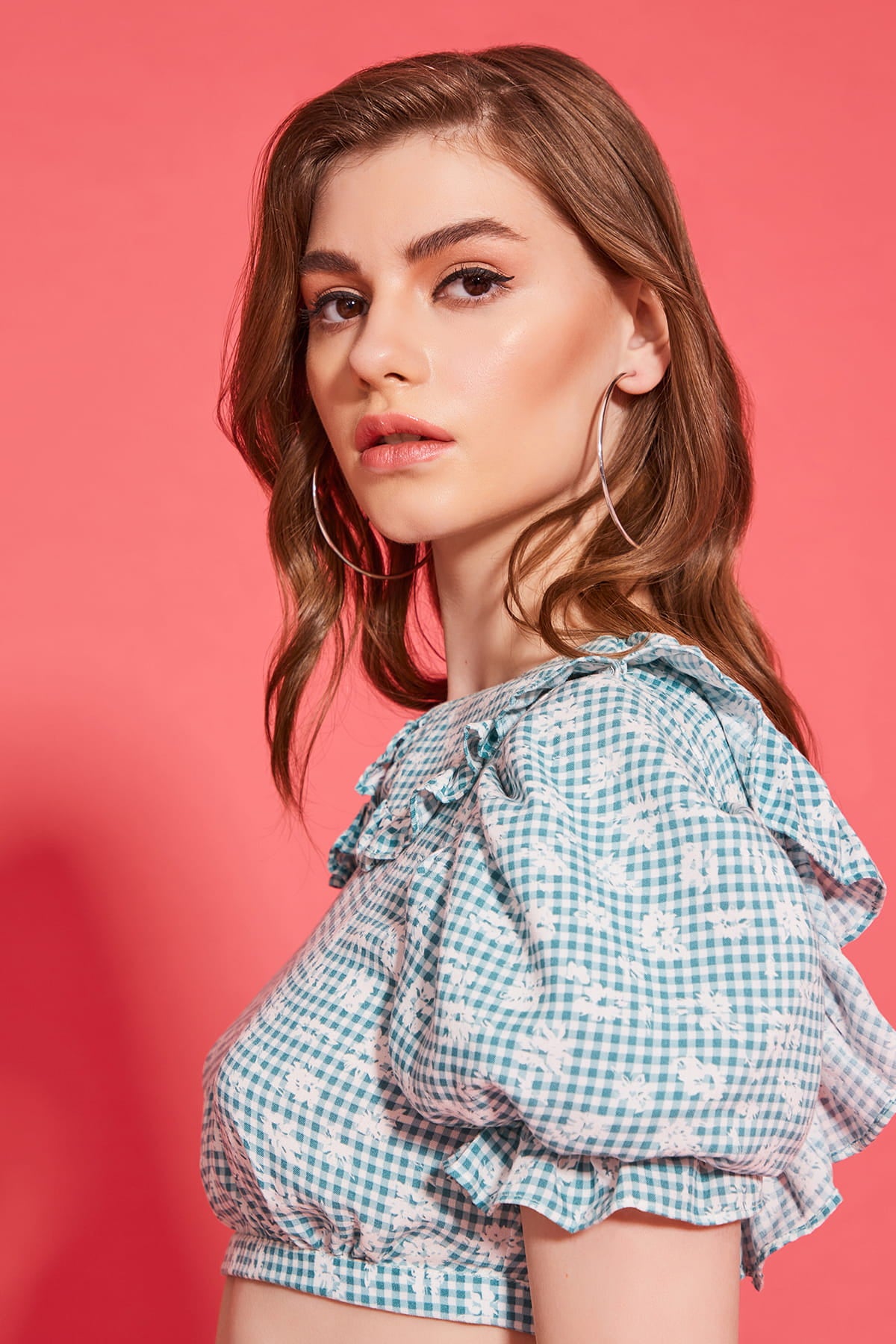 RONI Kare Desenli Balon Kollu Crop Top