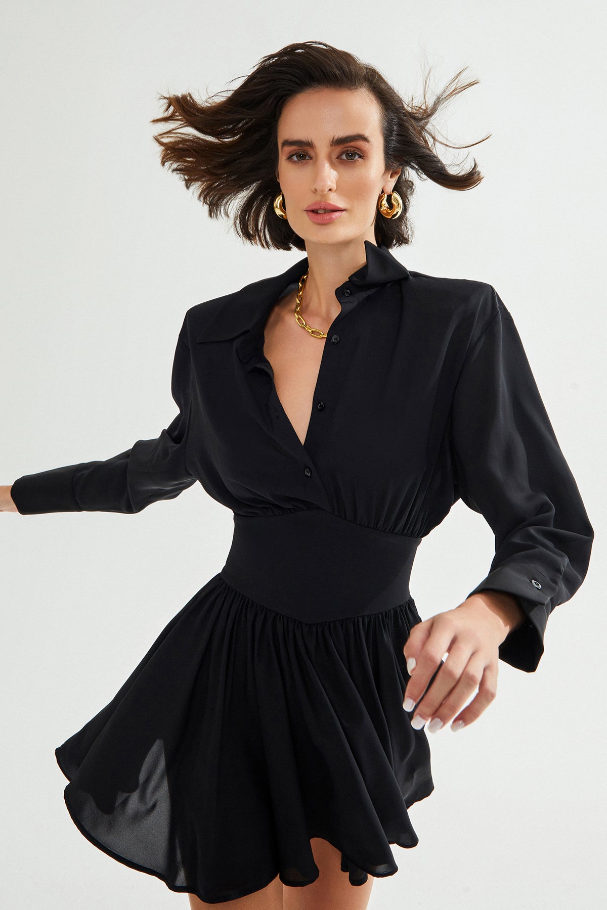 HALIA Vatkalı Siyah Gömlek Elbise