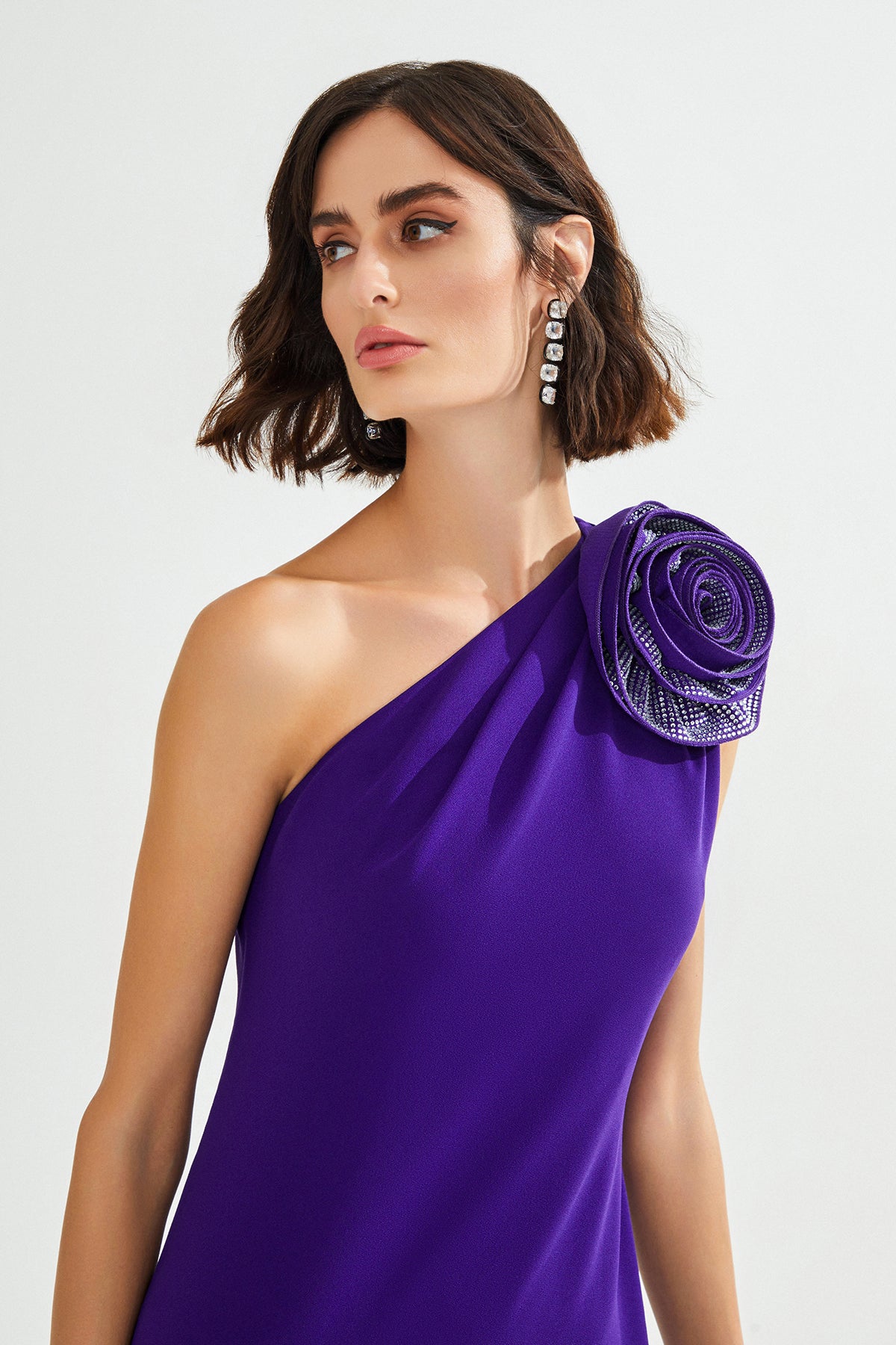 GENNIE Tek Omuz Çiçek Detaylı Mor Maxi Elbise