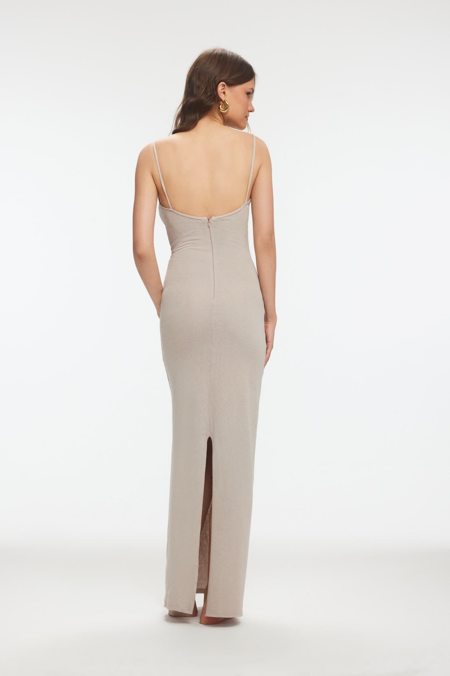 ADELINE Göğüs Dekolteli Taş Rengi Midi Elbise