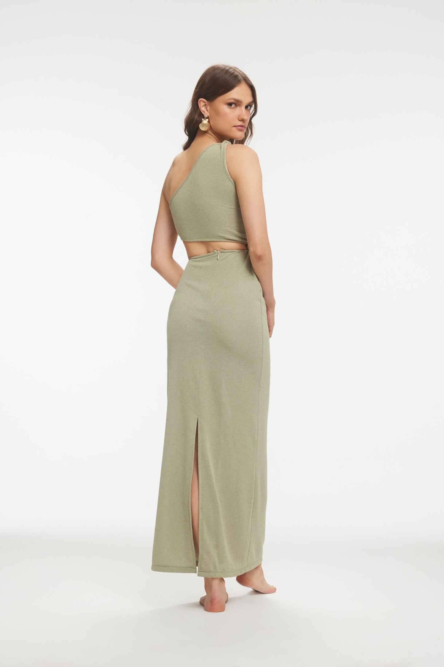 LEWA Düğüm Detaylı Örme Midi Yeşil Elbise