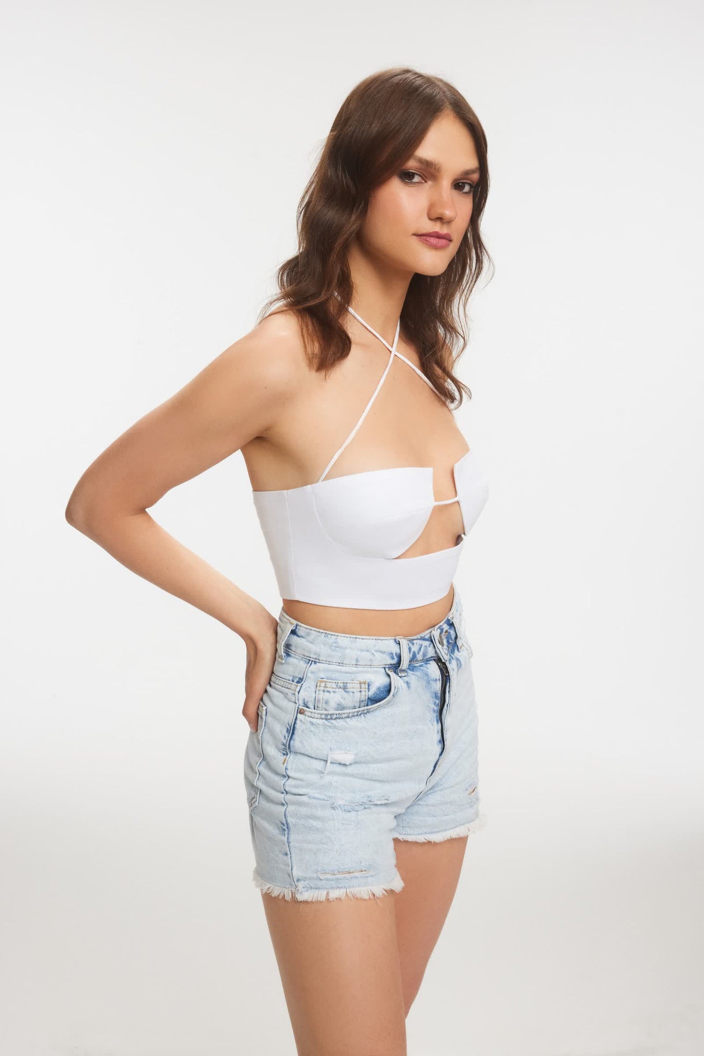 ELENA Keten Kulplu Beyaz Crop Üst