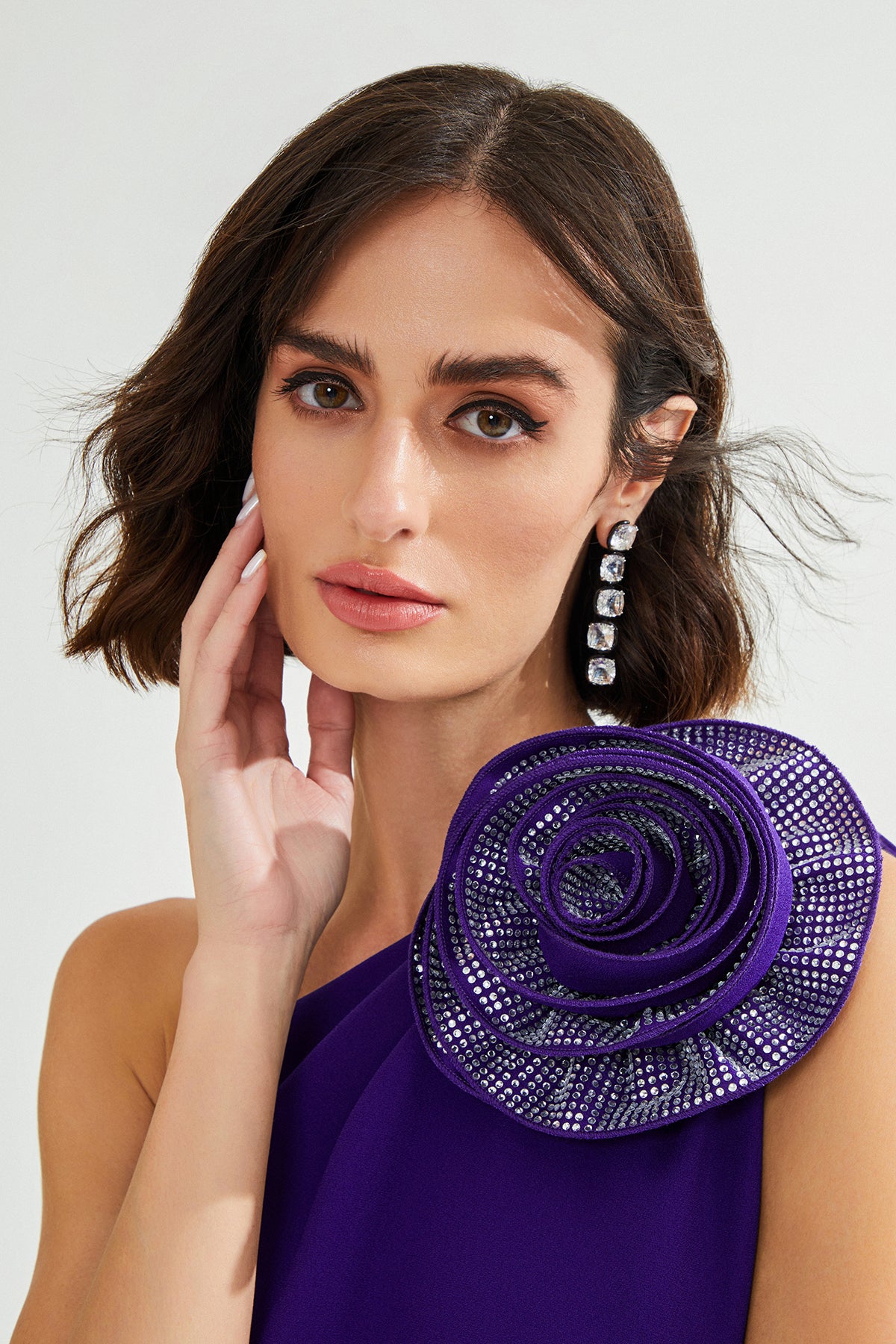 GENNIE Tek Omuz Çiçek Detaylı Mor Maxi Elbise