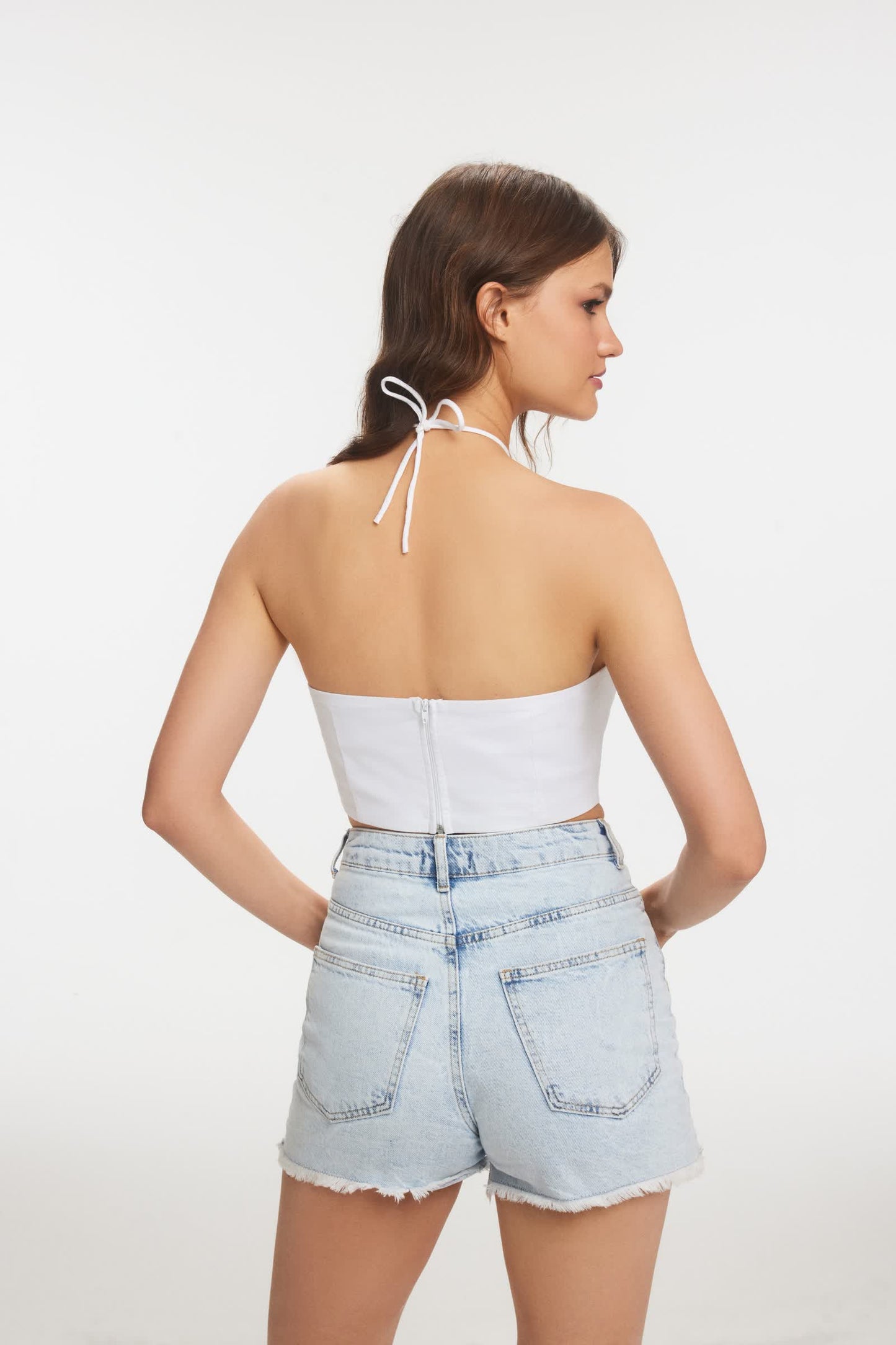 ELENA Keten Kulplu Beyaz Crop Üst