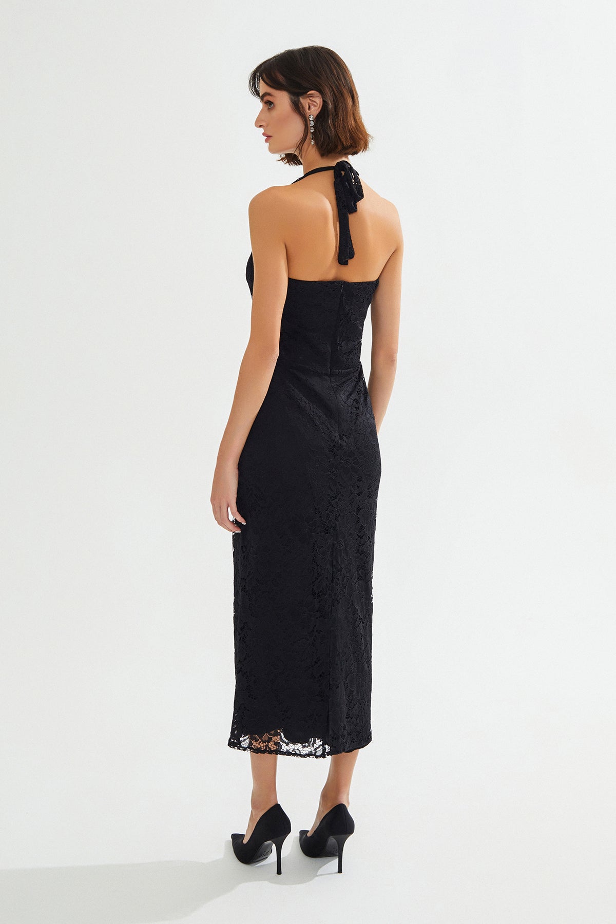 ANDY Dantelli Çiçek Detaylı Midi Siyah Elbise