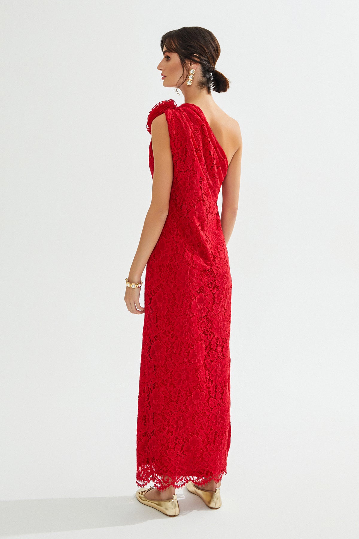 GENNIE Tek Omuz Kırmızı Dantel Maxi Elbise
