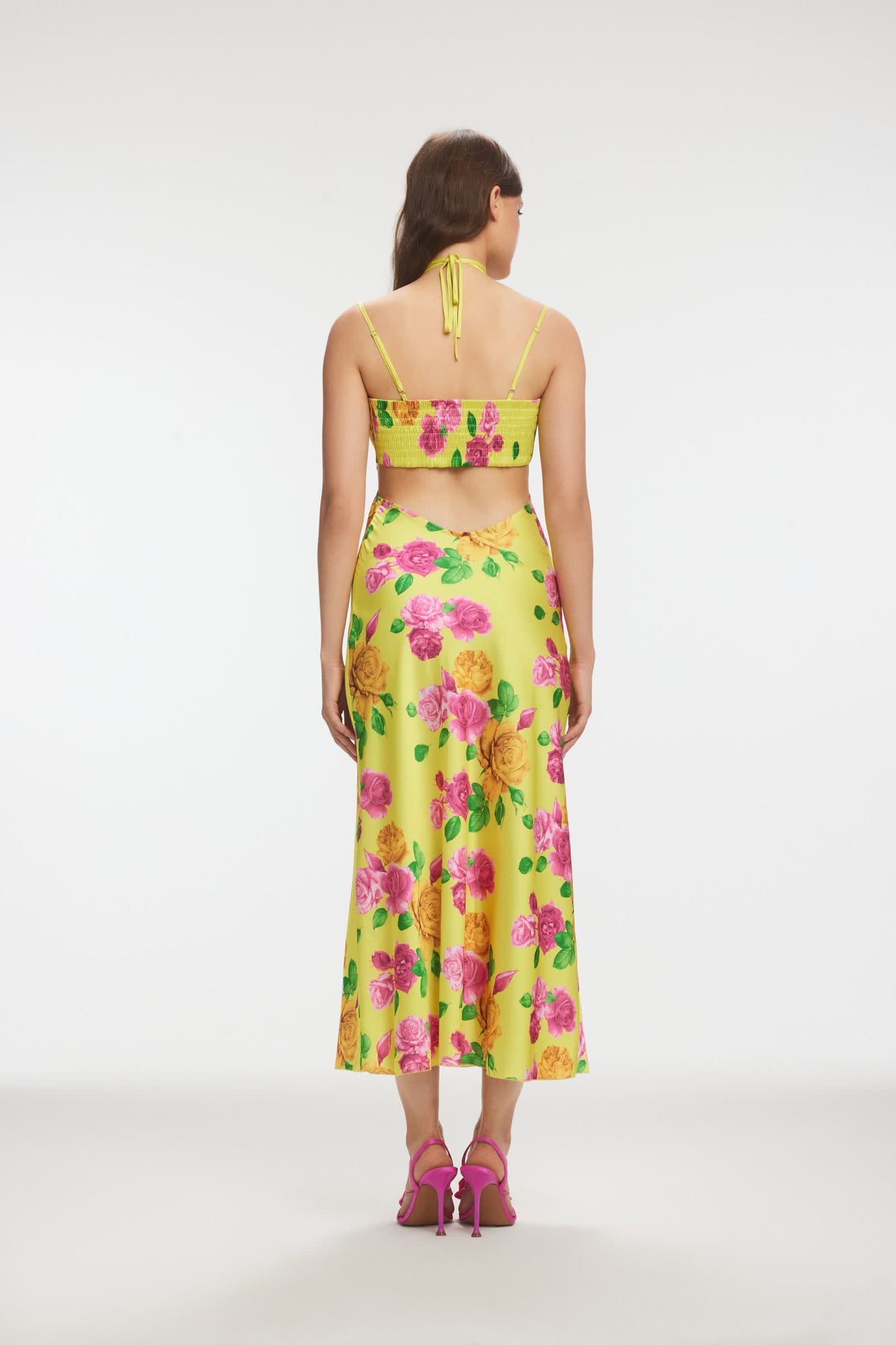 ROWEN Büzgülü Sarı Çiçek Desenli Midi Elbise