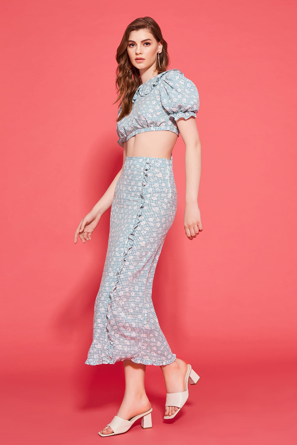 JADE Kare Desenli Fırfır Detaylı Midi Etek