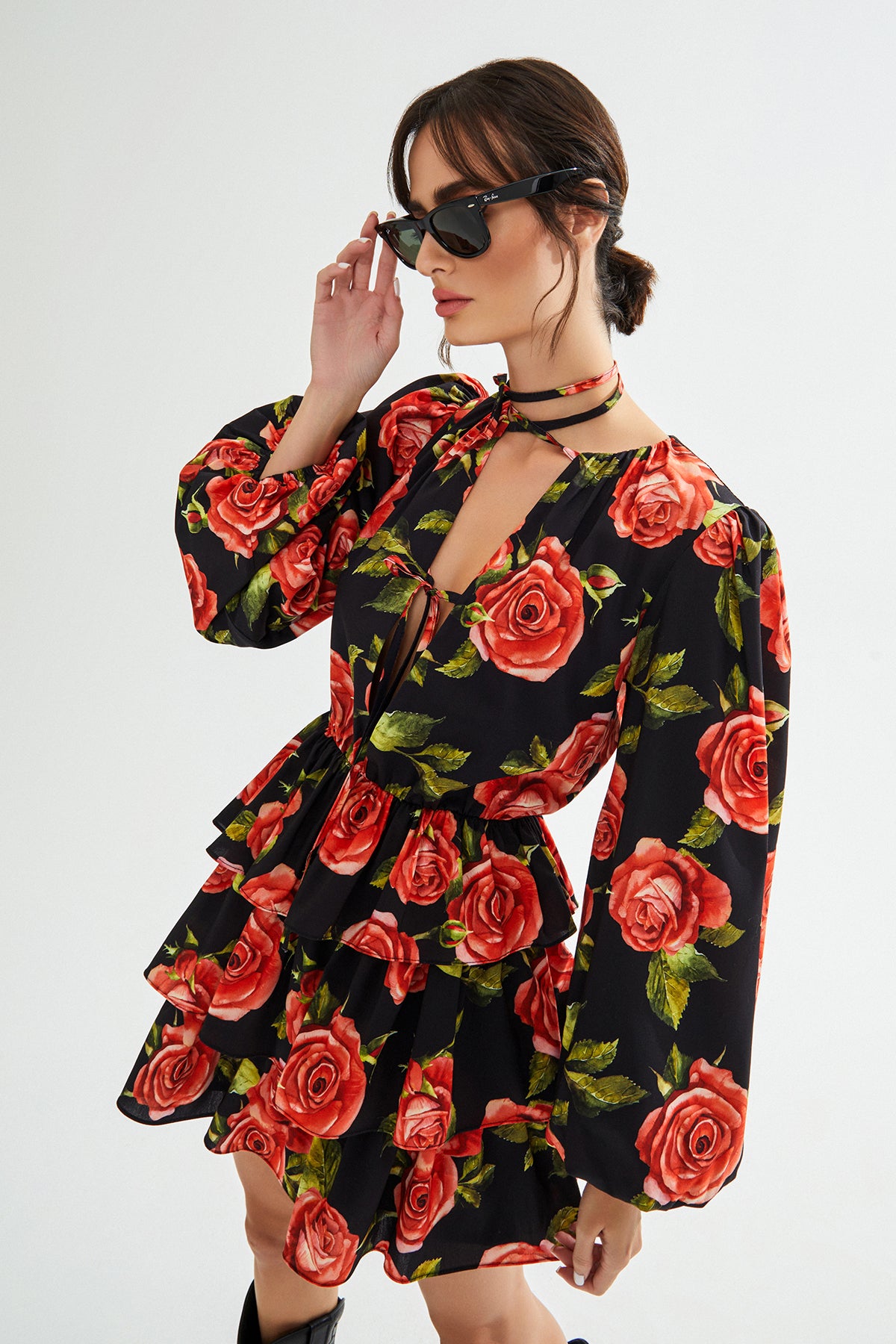 MARIA Gül Desenli Fırfırlı Mini Elbise