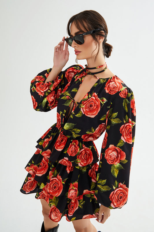 MARIA Gül Desenli Fırfırlı Mini Elbise