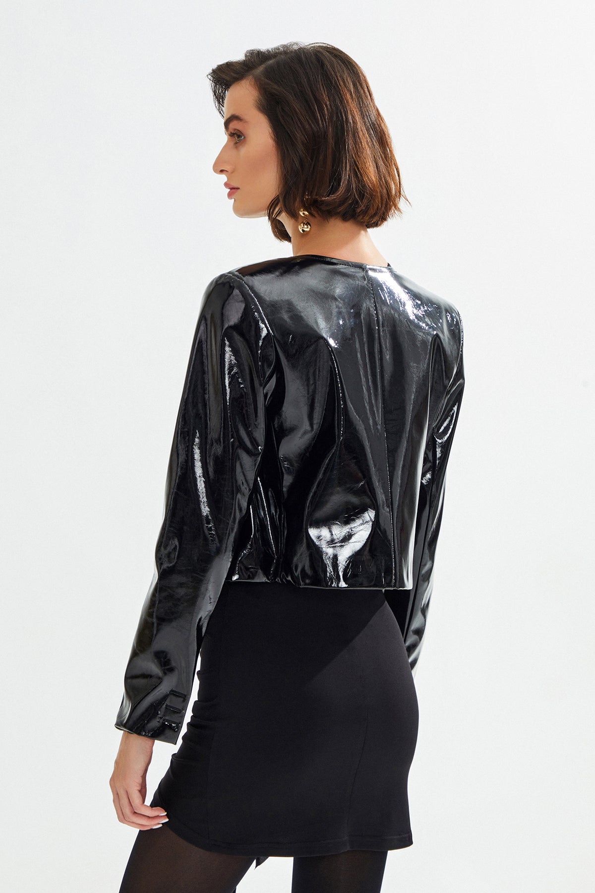 BECKA Gold Düğme Detaylı Rugan Deri Ceket