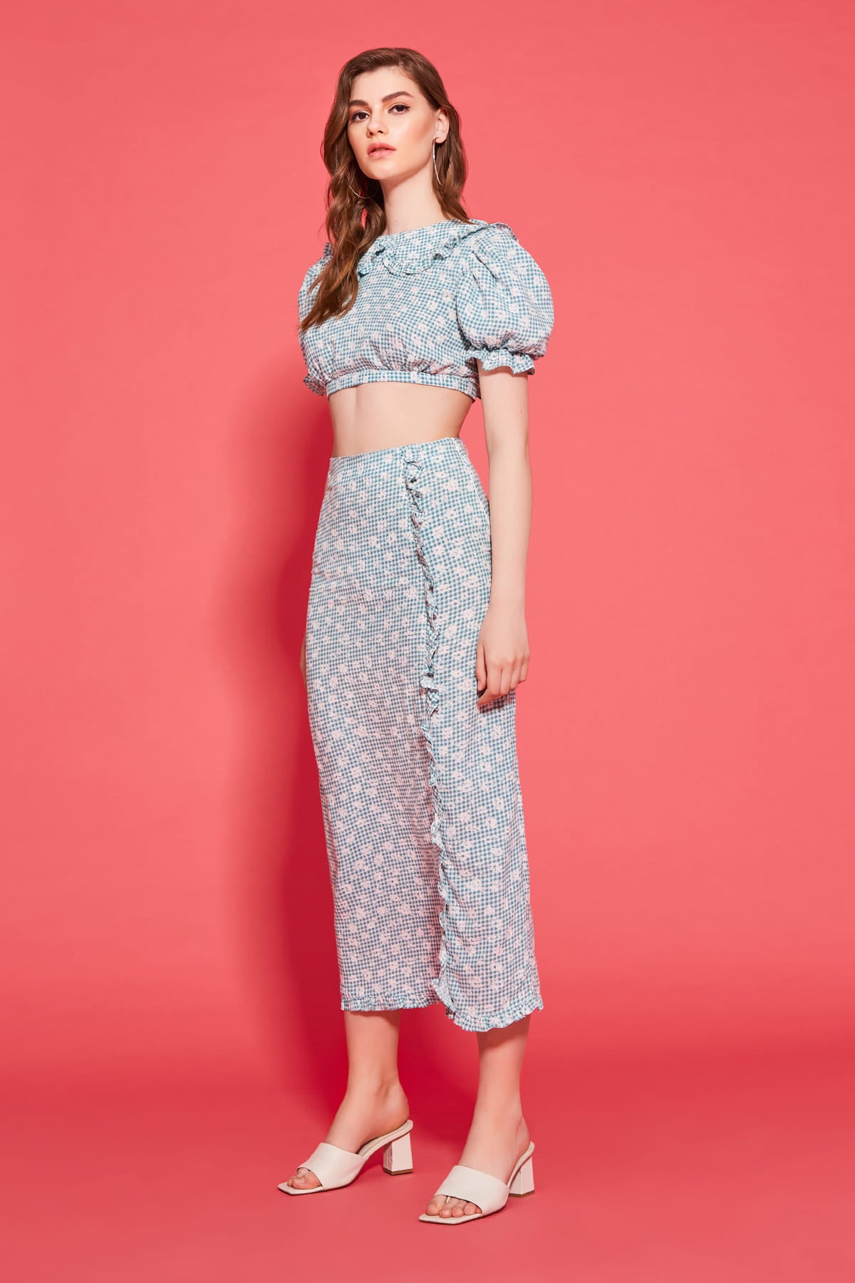 JADE Kare Desenli Fırfır Detaylı Midi Etek