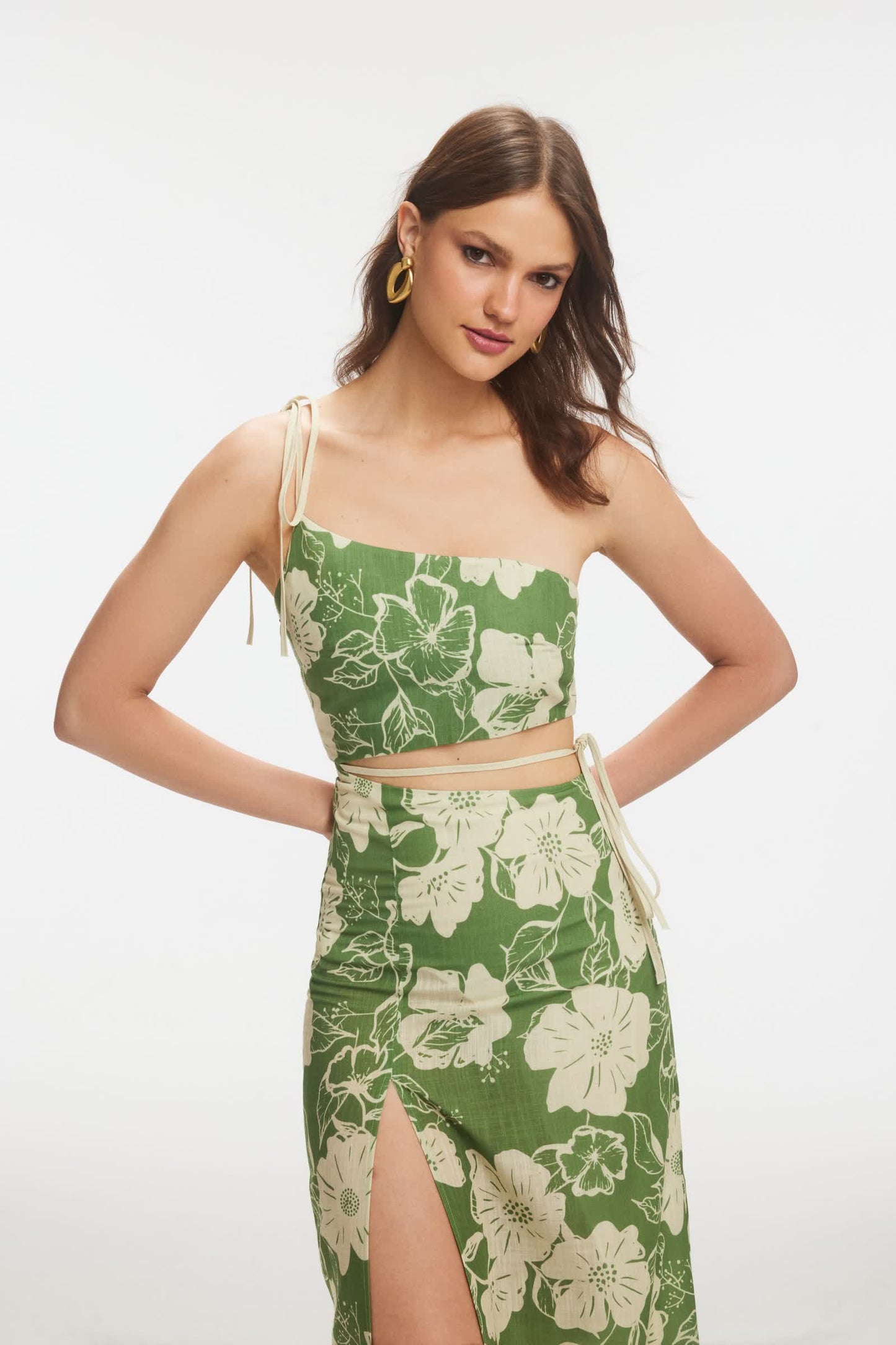 OSSEI Çiçek Desenli Keten Haki Midi Elbise