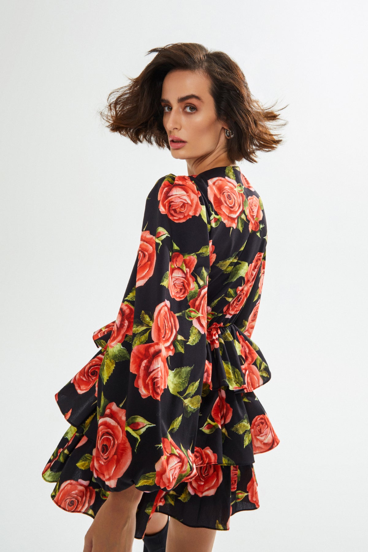 MARIA Gül Desenli Fırfırlı Mini Elbise