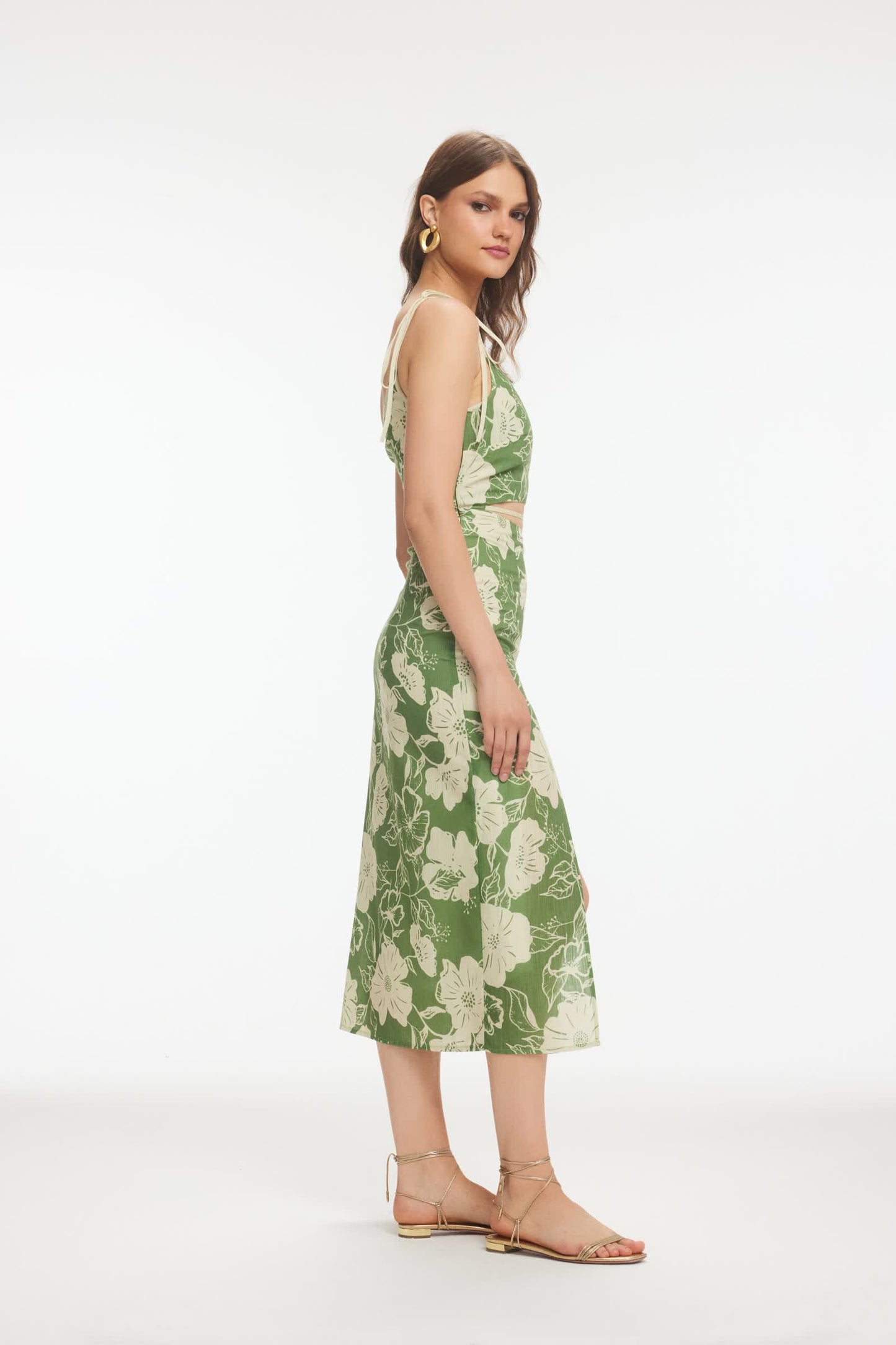 OSSEI Çiçek Desenli Keten Haki Midi Elbise