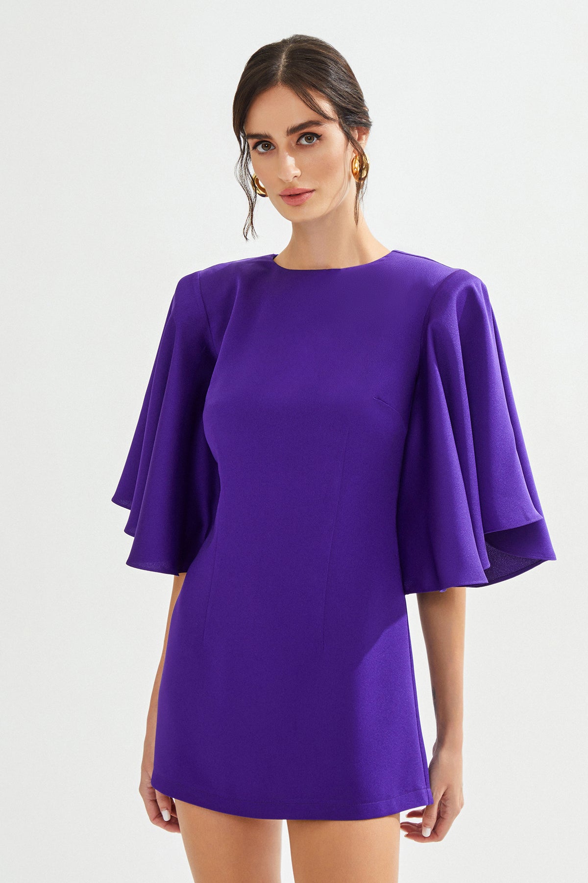 MARIAN Pelerin Detaylı Mini Saten Mor Elbise