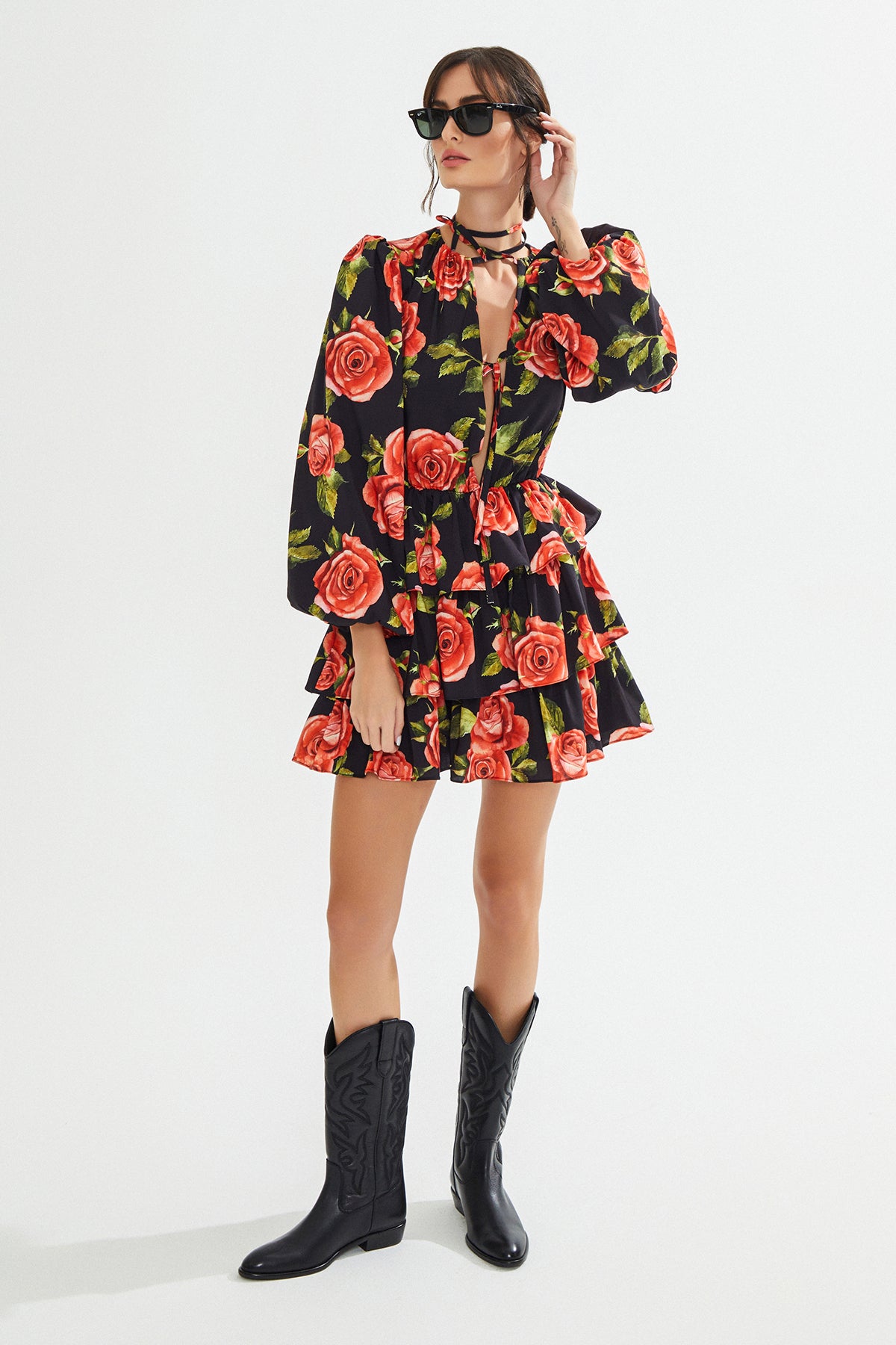 MARIA Gül Desenli Fırfırlı Mini Elbise