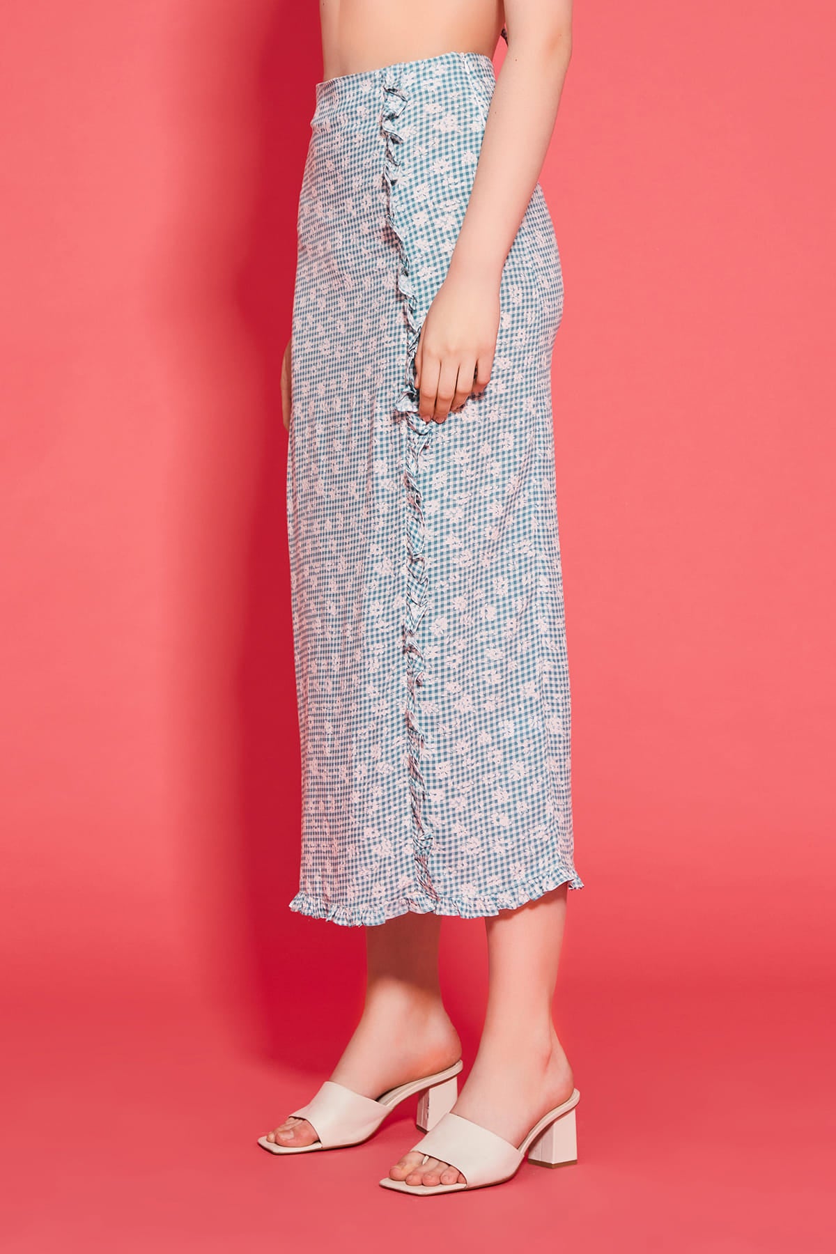 JADE Kare Desenli Fırfır Detaylı Midi Etek