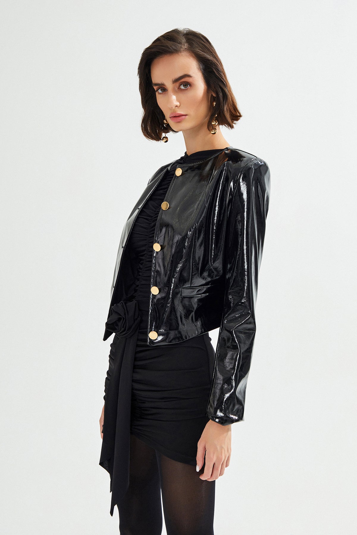 BECKA Gold Düğme Detaylı Rugan Deri Ceket