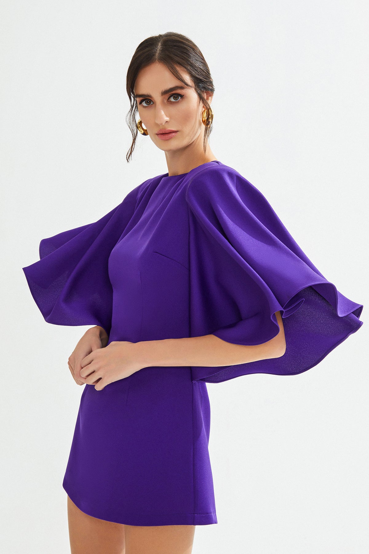 MARIAN Pelerin Detaylı Mini Saten Mor Elbise