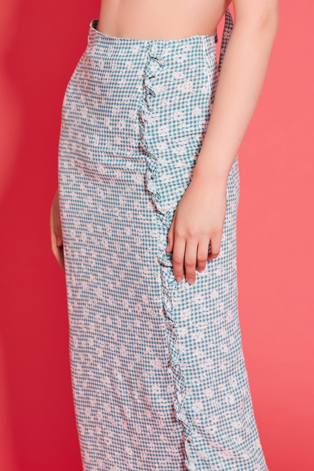 JADE Kare Desenli Fırfır Detaylı Midi Etek